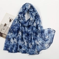Detail of blue floral voile scarf featuring semi-transparent fabric and rolled hem edges - Blue Gradient Large Floral (VS713-5#)