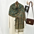 Ethnic paisley shawl scarf with tassels in deep green and orange vintage patterns - 180*70cm / Dark Green