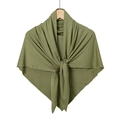 Detail of soft olive green mercerized cotton triangle shawl draped on a wooden hanger - 135x65cm / Army Green