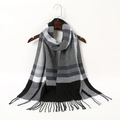Close-up of classic black, grey, and white plaid scarf with soft fringe details - Black White Gray Patchwork (YR108-01)