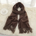 Thick coffee brown pashmina scarf with fringe on soft white plush background - Coffee