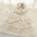 Thick cream white knitted scarf with soft cashmere texture and elegant fringe edges - Beige