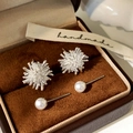 Macro shot of silver fireworks studs and white pearl earrings in brown velvet gift box - Silver Firework Four-Piece Stud Earrings Set