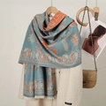 Detail of blue Paisley cashmere-feel scarf with fringes on beige wool coat - 185*70CM / 5# Light Blue And Orange