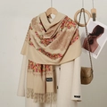 Detailed embroidery and fringe textures on a premium cashmere-blend winter scarf - 185*70CM / Light Camel