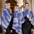 Three models wearing ethnic digital print chiffon hijabs in a grand arcade setting - 180cm / Blue Purple Gradient Tie-dye (YW349)