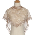 Elegant champagne lace triangle scarf featuring floral embroidery and fringed edges - Light Khaki