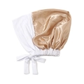 Detail view of champagne satin sleep cap with white adjustable modal tie and elastic band - One Size / White