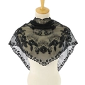 Detailed view of black floral embroidery on semi-transparent lace mesh triangle shawl - Black