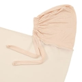 Detail of light pink chiffon hijab cap featuring elastic pleats and long adjustable ties - Beige