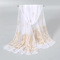 Châle blanc élégant avec imprimé plumes de paon dorées en tissu mousseline léger - 165*50cm / Blanc