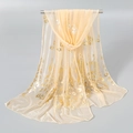 Close-up of lightweight champagne scarf with golden peacock feather print detail - 165*50cm / 3# Beige