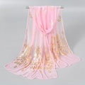 Detail of pink chiffon scarf with elegant gold peacock feather print draped on metal rod - 165*50cm / 5# Pink