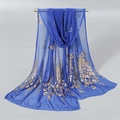 Elegant royal blue sheer scarf with golden peacock feather prints and breathable fabric - 165*50cm / 17# Royal Blue