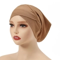 Brown ribbed cotton hijab undercap with a stylish criss-cross forehead design for women - One Size / Camel