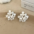 Detailed macro view of silver flower cluster stud earrings on a ceramic jewelry tray - White