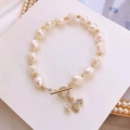 Baroque freshwater pearl bracelet with golden toggle clasp and zircon bee pendant detail - 18# Gold White Pearl with Bee Charm
