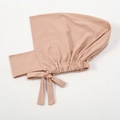 Detail of beige milk silk hijab inner cap with side bow tie and elastic pleated edge - 8# Snow Bud