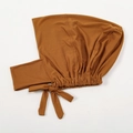 Detailed view of caramel milk silk inner hijab cap with elastic band and side tie strings - 10# Earth Yellow
