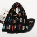 Black long scarf for women with colorful cartoon cat patterns and soft fringe edges - Black