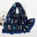 Navy blue polyester long scarf with cartoon cat prints and fringe tassels on white background - Navy Blue