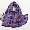 Detail of purple cartoon cat print scarf with frayed edges and soft fabric texture - Light Purple