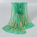 Elegant green scarf featuring a golden peacock feather print with a sheer, silky texture - 165*50cm / 16# Green
