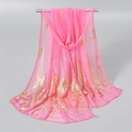 Elegant pink long scarf featuring golden peacock feather prints and sheer chiffon fabric - 165*50cm / Rose Red