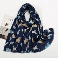 Écharpe bleu foncé effet lin avec motifs chats mignons et bords effilochés stylés - XB938-02