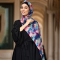 Ethnic digital print chiffon hijab with blue and magenta watercolor floral pattern - 180cm / Blue Rose Red Purple Artistic Print (YW357)