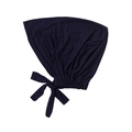Detail of navy modal underscarf showing the adjustable elastic band and tie closure - Navy Blue