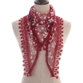 Dark red triangle lace scarf with white floral patterns and tassel trim on mannequin - Burgundy
