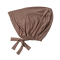 Close-up of brown modal headscarf featuring side tie bow and elasticated pleated edge - Khaki
