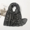 Close-up of lightweight dark grey linen scarf with white polka dots and stripes - Dark Grey