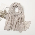 Detail of lightweight embroidered scarf with white polka dots and magazine decor - Light Grey
