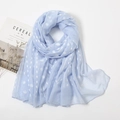 Close-up of light blue cotton scarf with white polka dots and stripe pattern details - Light Blue