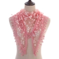 Pink breathable lace mesh triangle scarf with floral patterns and crochet trim - Pink