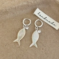 Elegant handcrafted silver fish earrings with shell pendants and zircon accents - White Fish Earrings