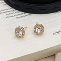 Elegant gold halo stud earrings with a clear round center stone and pave accents - Gold Micro-Inlaid Large Zircon Stud Earrings