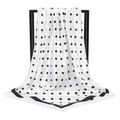 Close-up view of elegant white satin square scarf featuring classic black polka dot pattern - 90x90cm / White (FJ137-02)