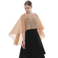 Detailed view of lightweight beige chiffon shawl with elegant draped flared sleeves - Camel