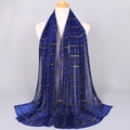 Dark blue sheer sequin scarf with gold horizontal stripes displayed on a mannequin - 11# Royal Blue