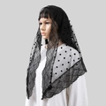 Detailed close-up of black mesh mantilla veil with floral lace trim and flocking dots - Triangle Scarf (SJJ115) / 140x70cm / Black