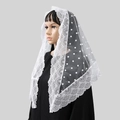 Detail of white polka dot lace mantilla veil with floral embroidery on mesh fabric - Triangle Scarf (SJJ115) / 140x70cm / White