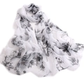 Zomerse georgette sjaal met zwarte bloemenprint op witte doorschijnende stof - Zwart & Wit