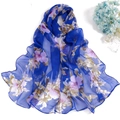 Royal blue georgette scarf with purple floral print for summer beach sun protection - 160x50cm / Sapphire Blue
