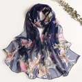 Floral chiffon summer scarf in navy blue with pink and purple blossom patterns - 160x50cm / Navy Blue