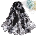 Elegant black georgette scarf with large white floral print and semi-transparent texture - 160x50cm / Black