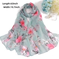 Elegant floral chiffon scarf in mint green with pink flowers, size 63x19.7 inches - 160x50cm / Light Blue