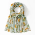 Lightweight mint blue floral voile scarf with yellow flower print for women's spring fashion - 3# Green